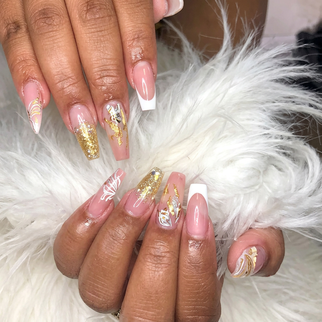 Unhas rosa com detalhes dourados na A.M Cabelos & Produções